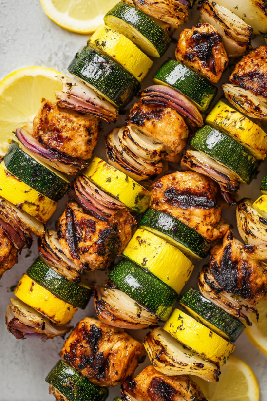 Grilled chicken kabobs with zucchini and lemon.