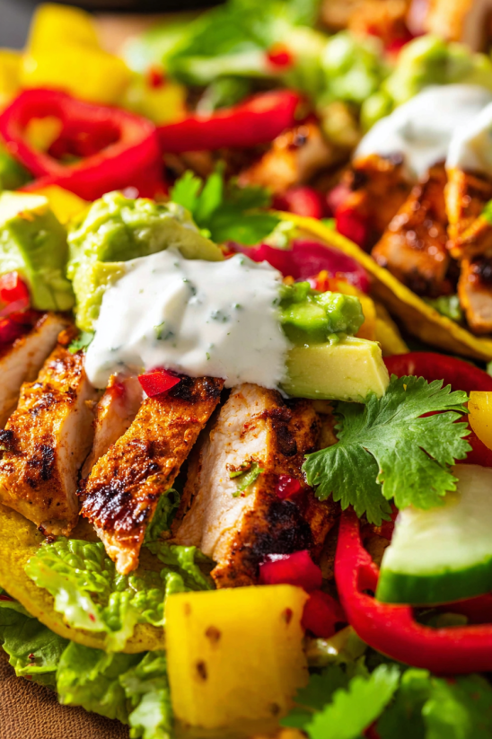 A delicious fajita salad with chicken, avocado, and tomatoes.