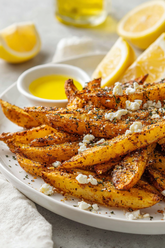 A plate of air fryer potato wedges with cheese and lemon.