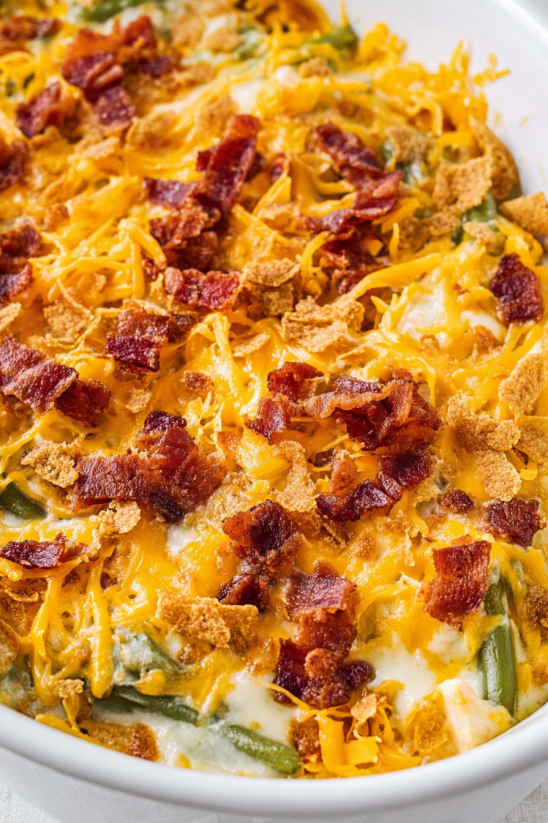 A dish of cheesy creamed green beans.