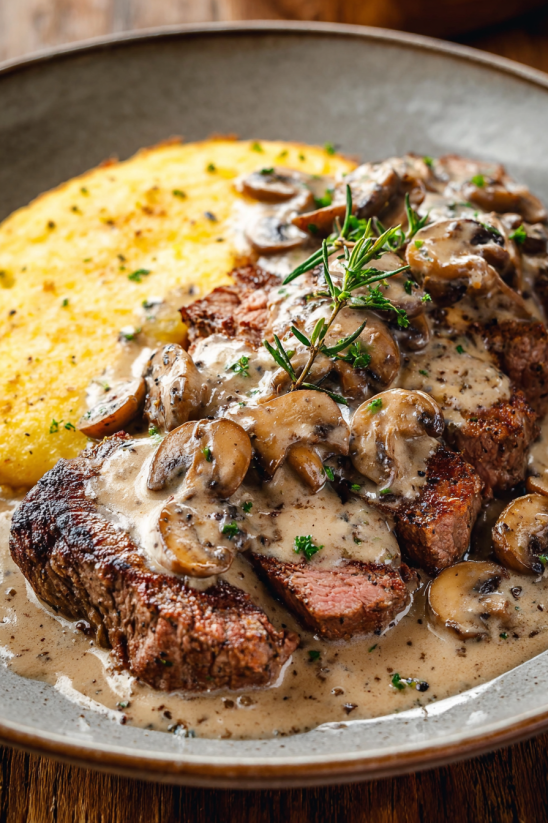 A plate of meat covered in mushroom sauce.