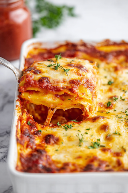 A close up of a vegetable ravioli lasagna.