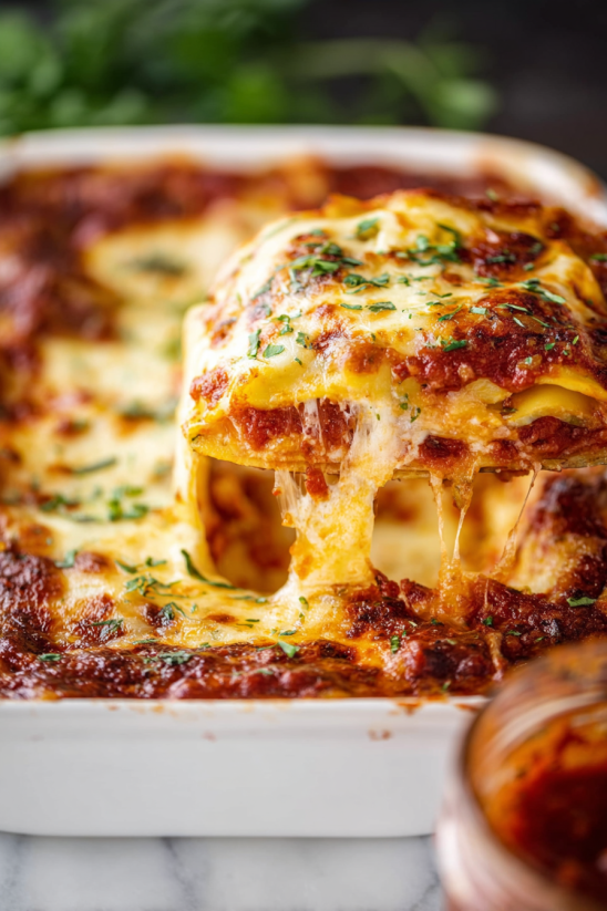 A slice of lasagna with cheese and herbs.