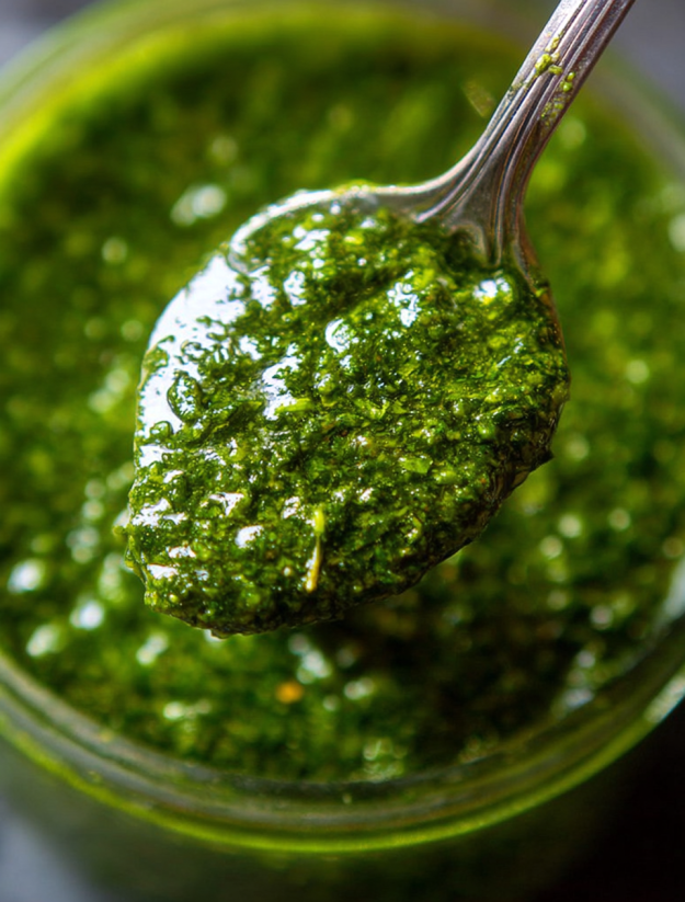 A spoonful of green pesto sauce.