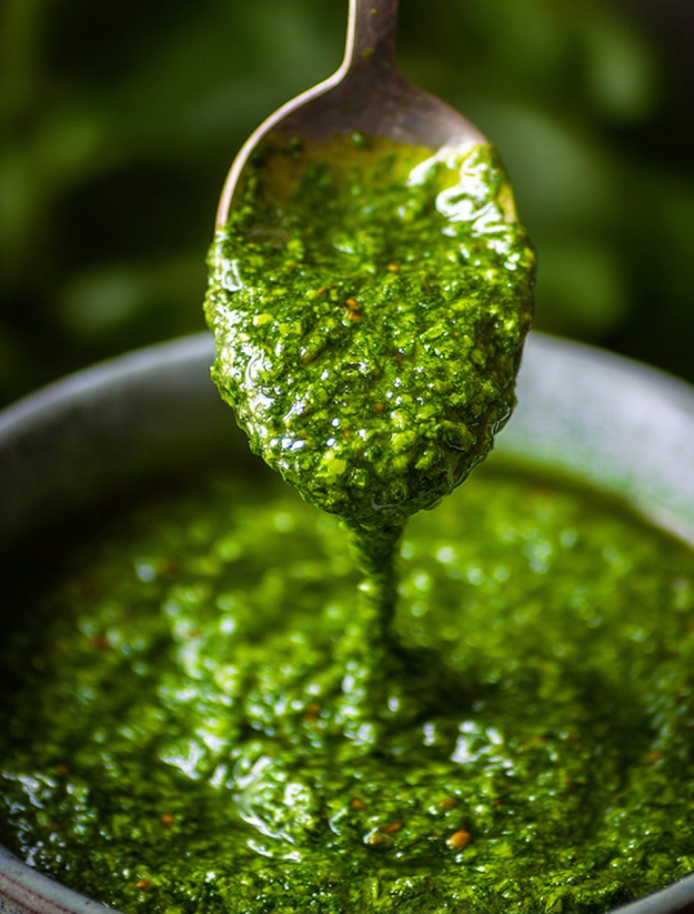 A spoon is in a bowl of green sauce.