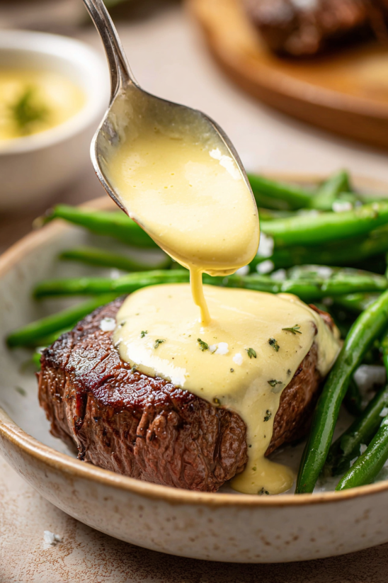 A piece of meat with a sauce drizzled over it.