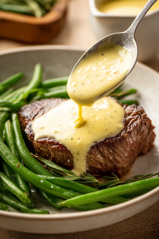 A piece of meat with a yellow sauce drizzled over it.