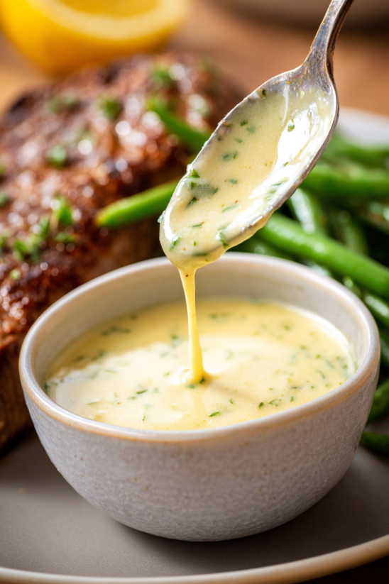 A spoon is being used to pour a yellow sauce over a plate of food.