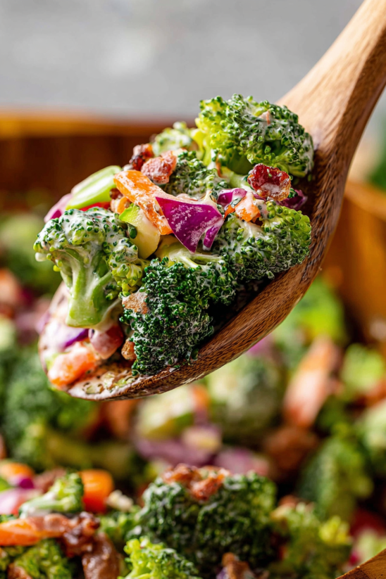 A wooden spoon is holding a piece of broccoli.