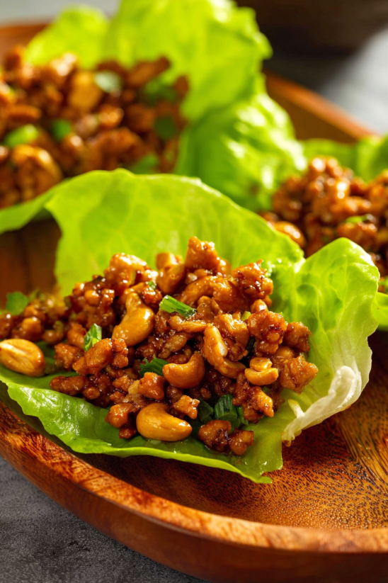 Chicken lettuce wraps on a wooden platter.