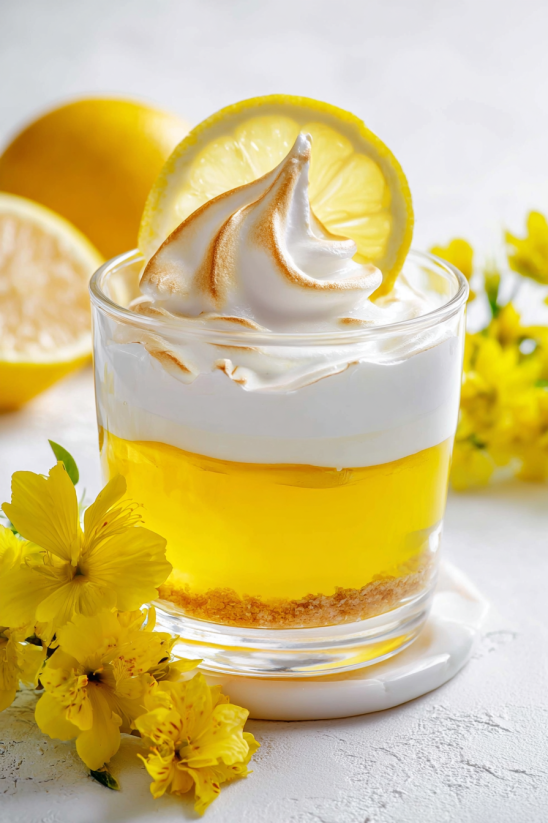 A glass of lemon mousse jello cups.