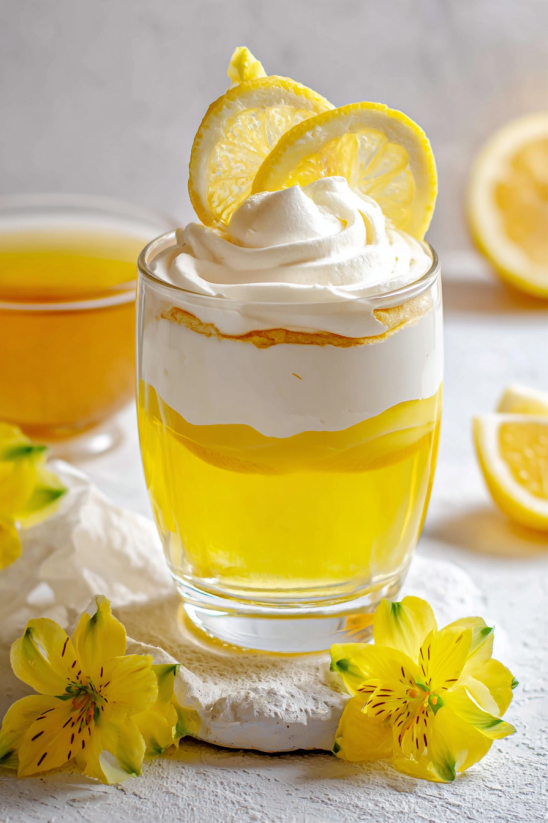 A glass of lemon mousse jello cups.