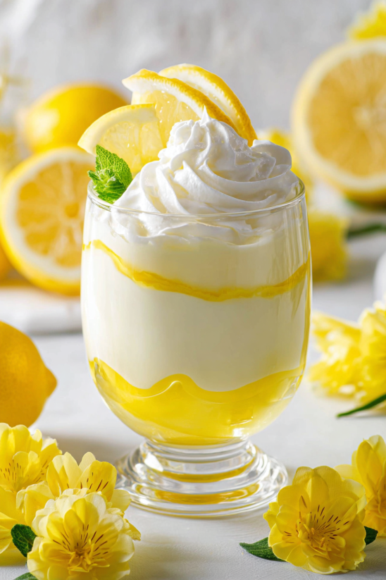 A glass of lemon mousse with a lemon wedge on top.
