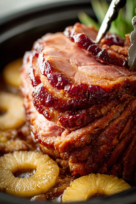 A ham is cooked in a crockpot.
