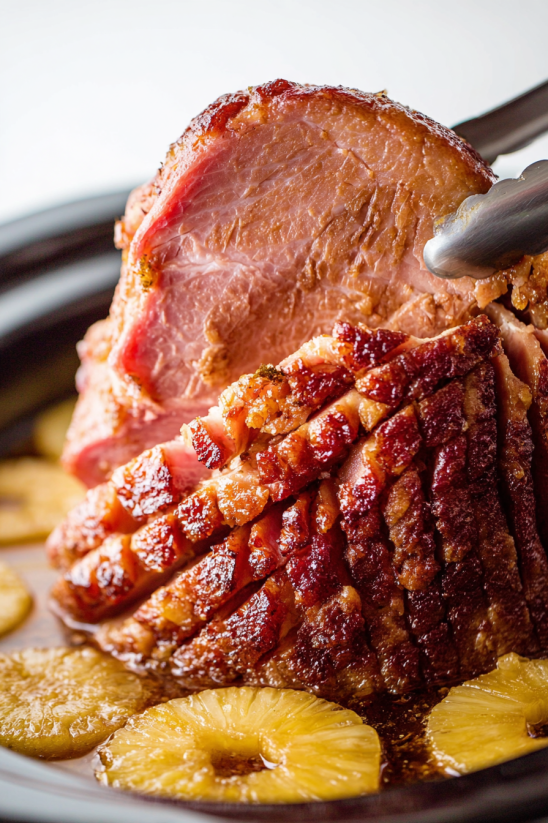 A close up of a ham in a crockpot.