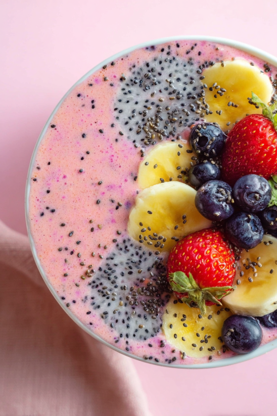 A bowl of strawberry smoothie with bananas and blueberries.