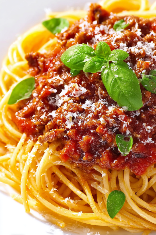 A plate of spaghetti with a homemade bolognese sauce.