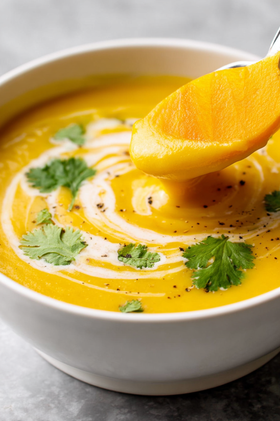 A spoon is in a bowl of soup.