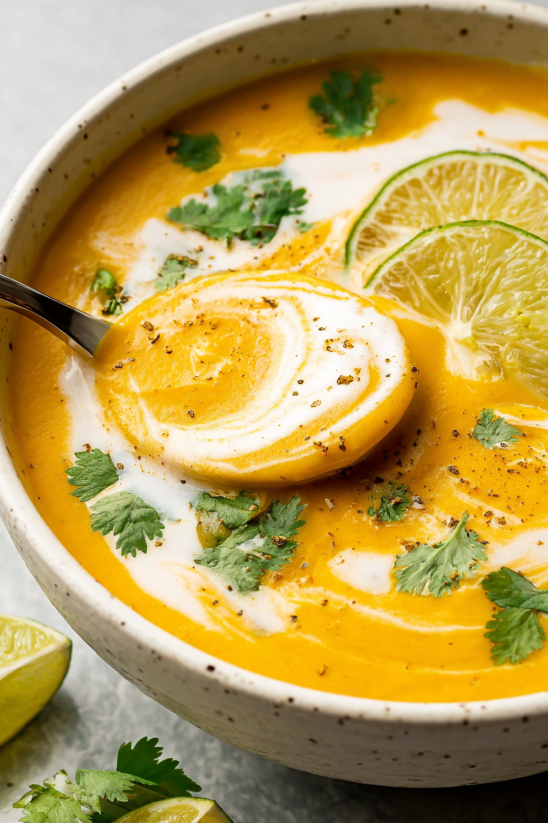 A bowl of soup with a spoon in it.