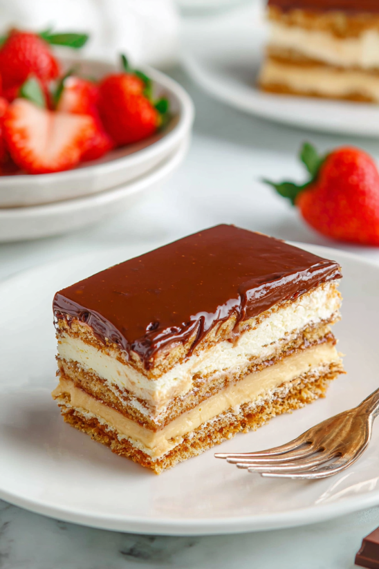 A slice of chocolate cake on a plate.