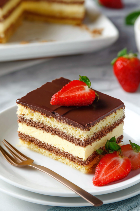 A slice of chocolate cake with strawberries on top.