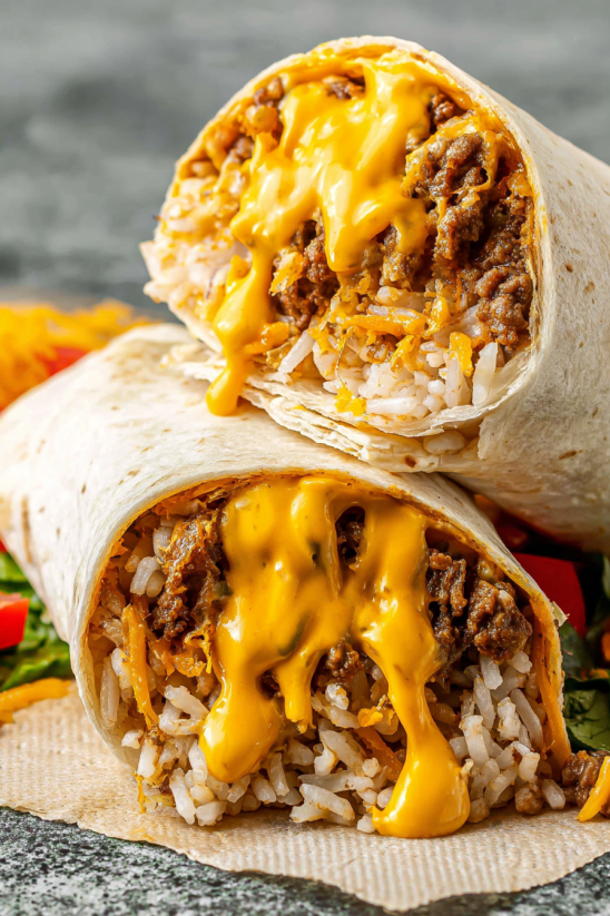A close up of a beefy melt burrito.