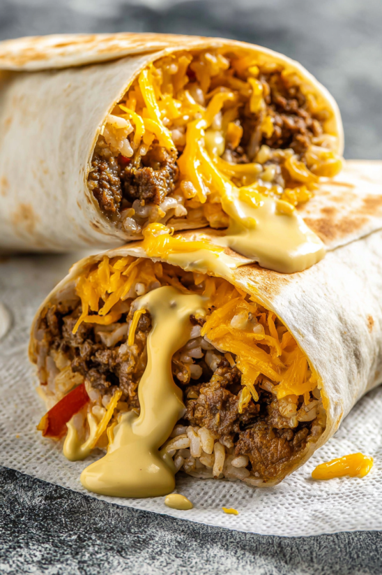A burrito with cheese and beef.