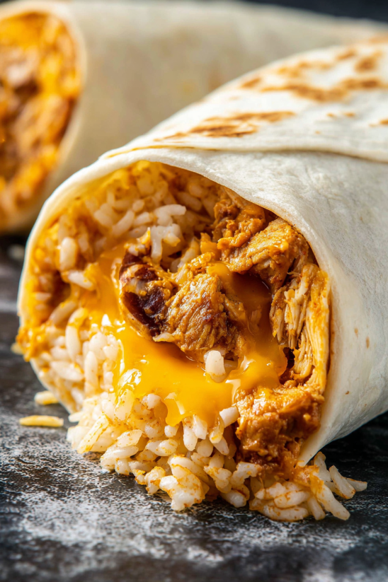 A burrito with rice and meat.