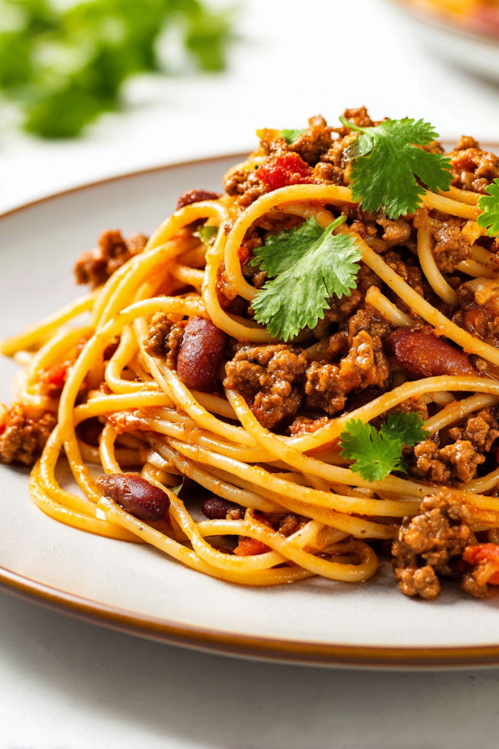 A plate of Mexican spaghetti with meat and vegetables.