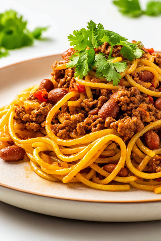 A plate of Mexican spaghetti with beans and meat.