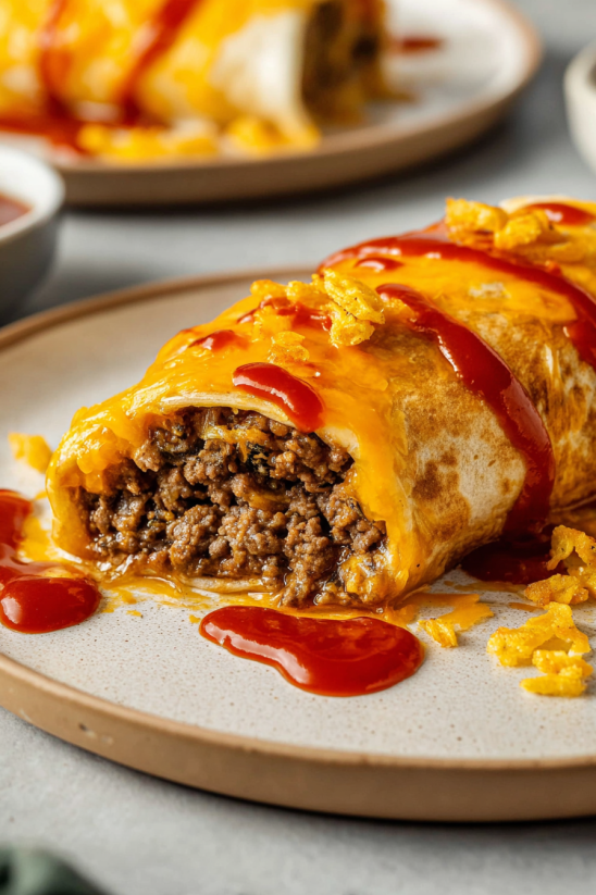 A Taco Bell Enchirito with ketchup on top.
