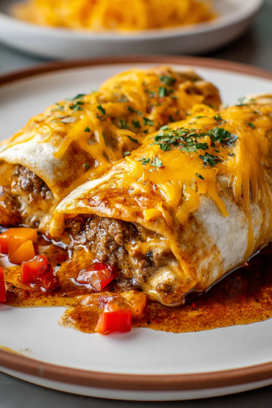 A plate of food with a cheese enchirito on it.