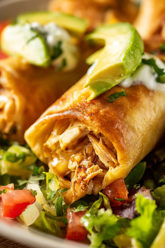 A delicious chicken taquito with guacamole and sour cream.