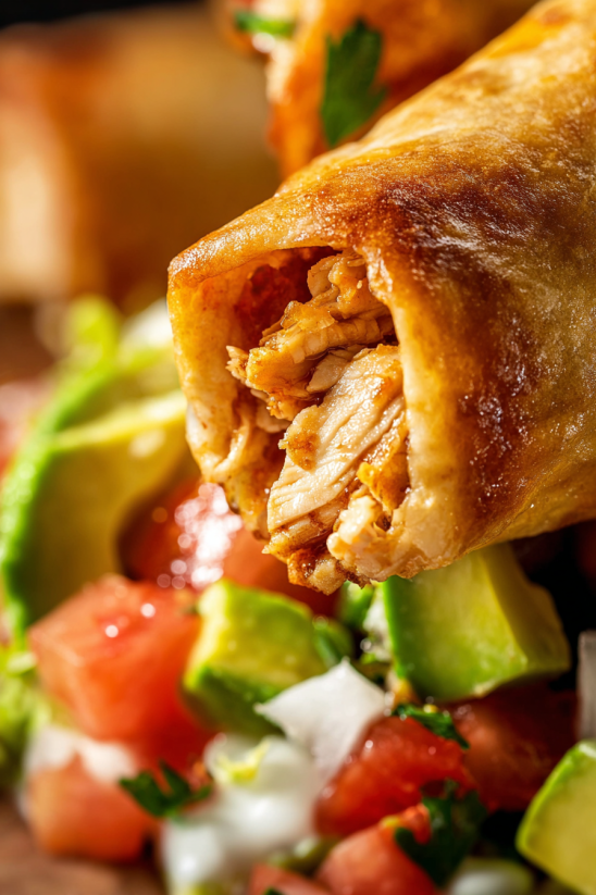 A close up of a chicken taquito.