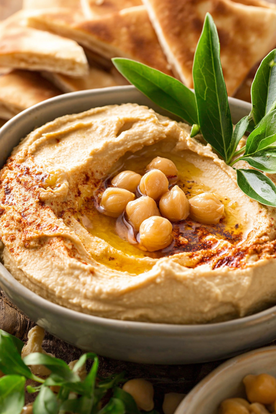 A bowl of hummus with chickpeas and tahini.