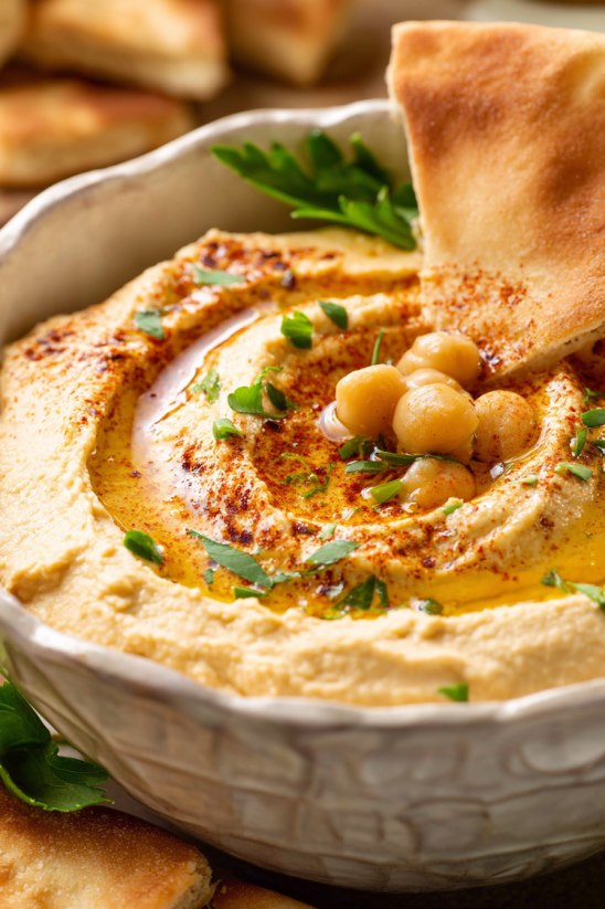 A bowl of hummus with a pita bread.