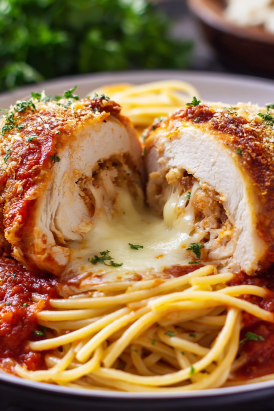 A piece of mozzarella stuffed chicken parmesan.