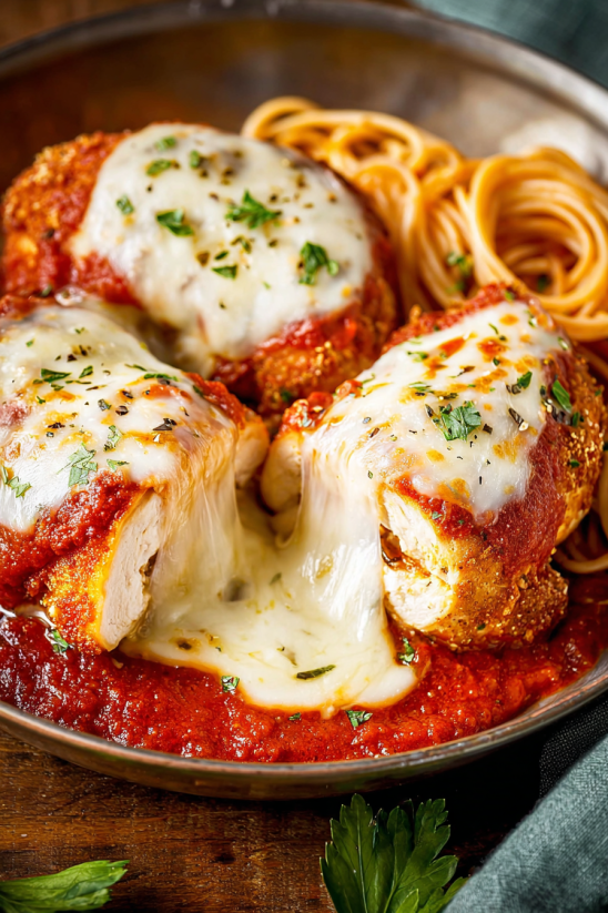 A plate of mozzarella stuffed chicken parmesan.