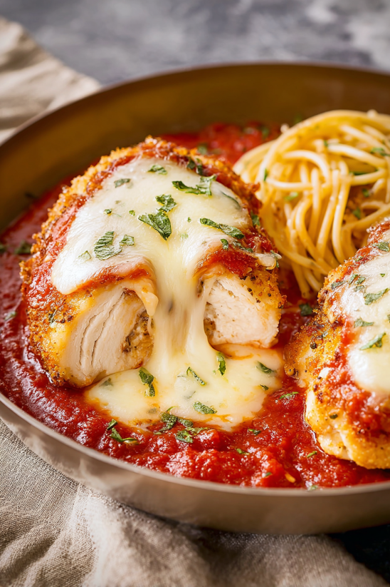 Mozzarella stuffed chicken parmesan with spaghetti.