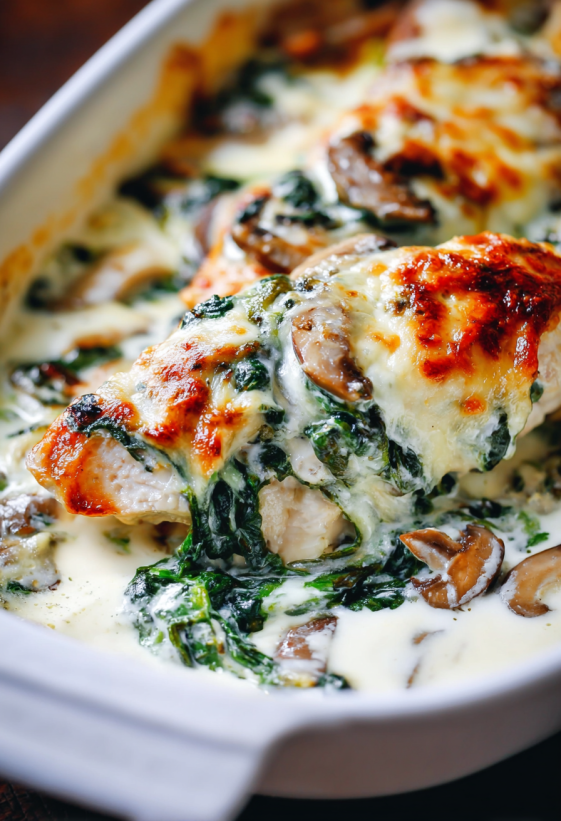 A close up of a cheesy chicken spinach bake.