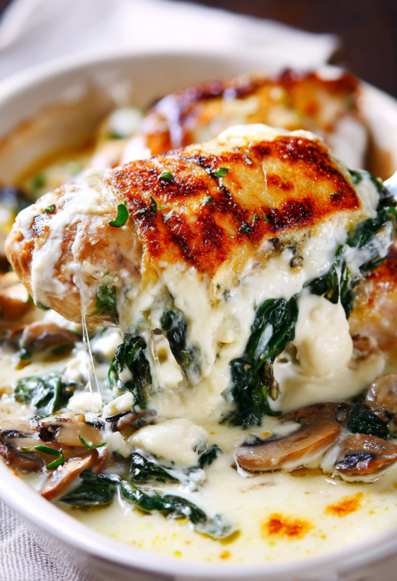 A close up of a cheesy chicken spinach bake.
