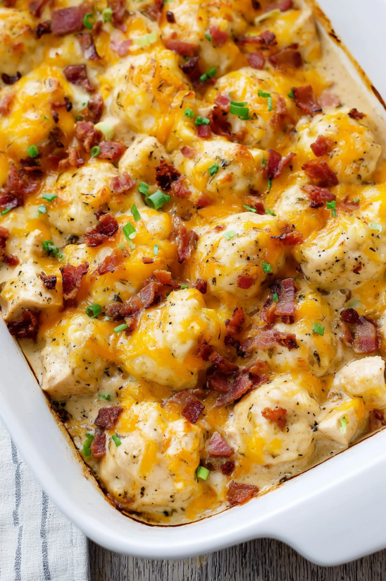 A loaded chicken and potato casserole.