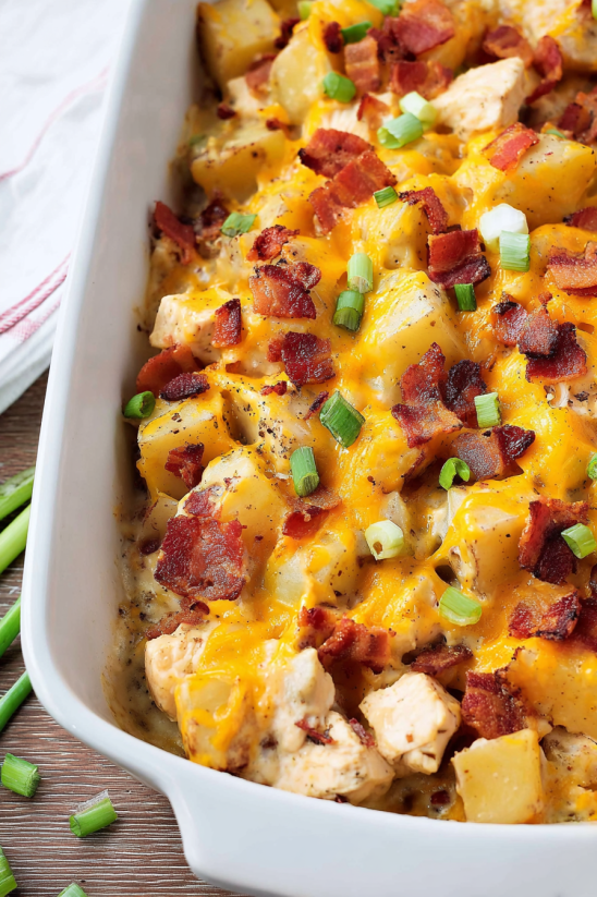 A loaded chicken and potato casserole.