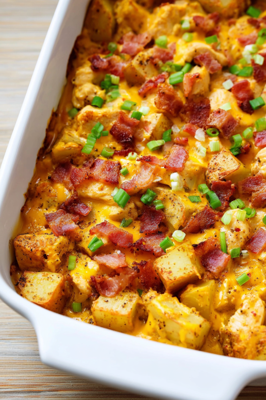A loaded chicken and potato casserole.