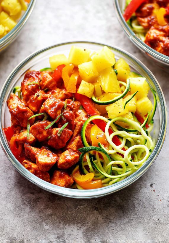 A bowl of food with chicken, zucchini, and pineapple.