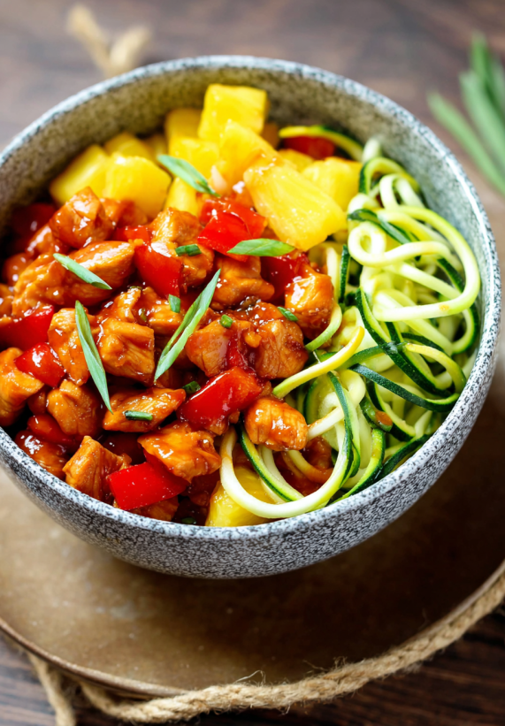 A bowl of chicken and vegetables.