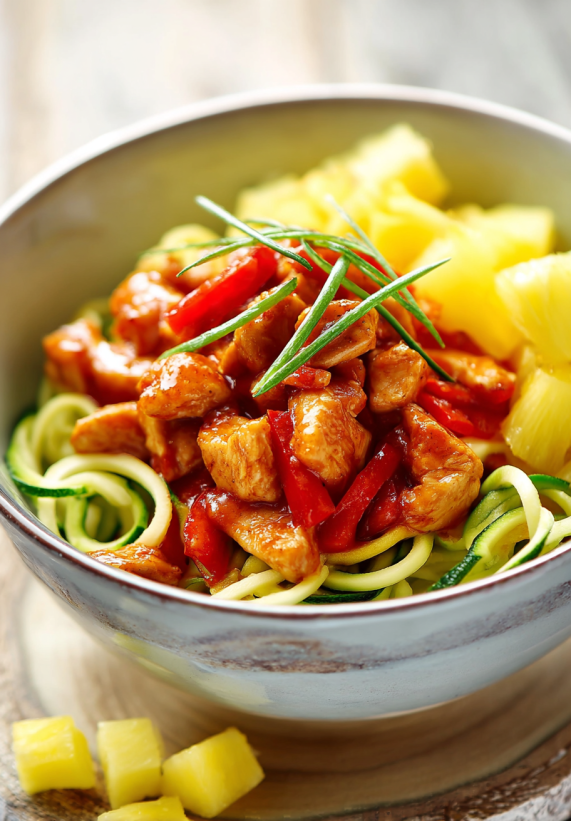 A bowl of food with chicken and vegetables.