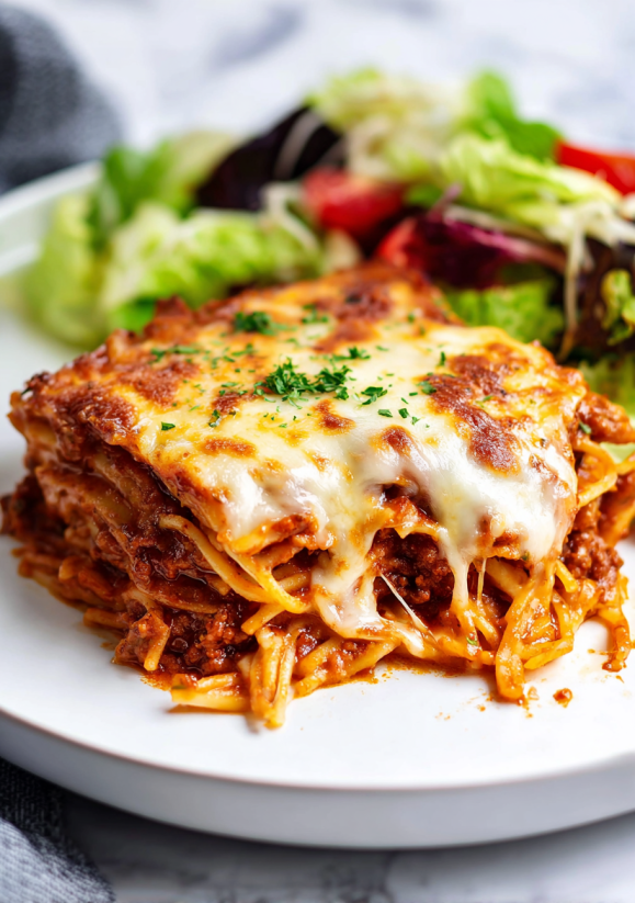 A plate of baked spaghetti with tomatoes and lettuce.