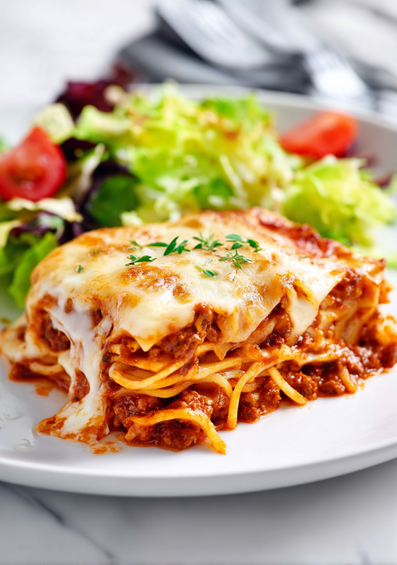 A plate of baked spaghetti with tomatoes and lettuce.