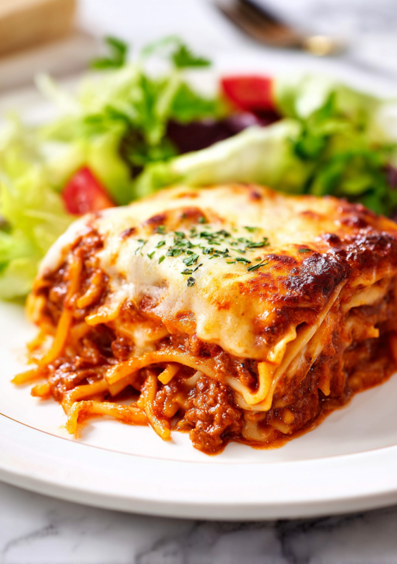 A plate of baked spaghetti with cheese and tomatoes.